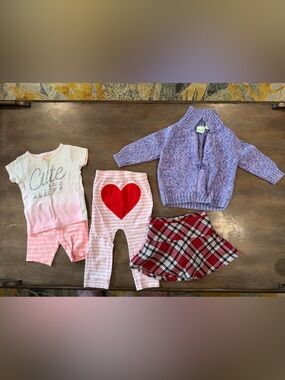 Girls 12M Mixed Bundle - Purple Cardigan, Pink Heart Leggings & Plaid Skirt